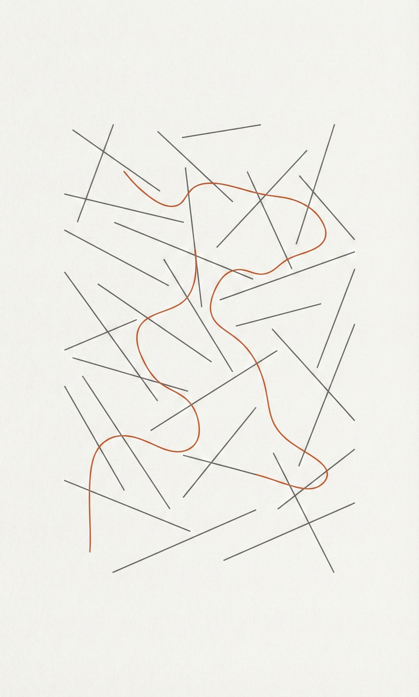 Abstract composition, disconnected gray lines with a single orange line connecting them